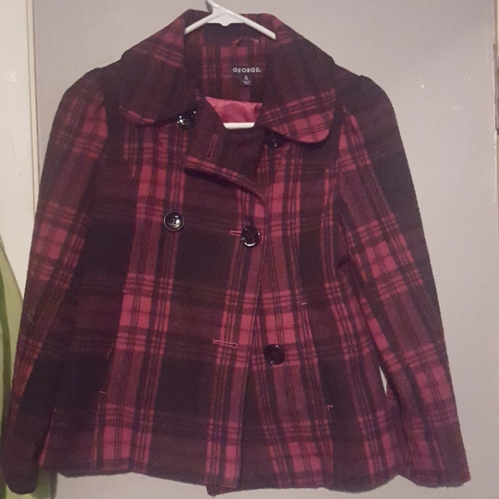 Girls pink and blk plaid pea coat